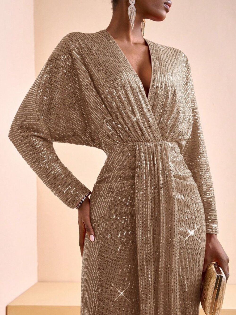 Brown Elegant Women's Deep V-Neck One-Shoulder Sequined Fishtail Dress